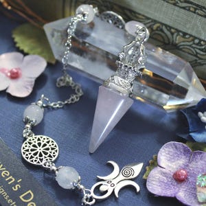 Rose Quartz Dowsing Pendulum: Silver Crescent Moon Witch Altar Dowsing Tool