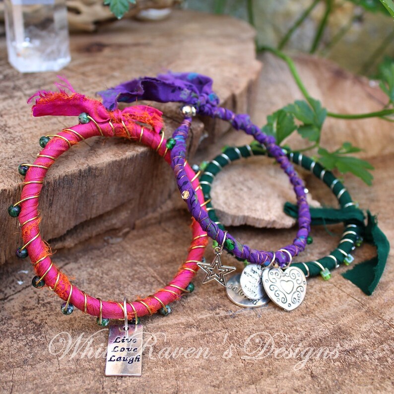 Handmade by White Raven Designs Boho Bangles earth friendly fashion recycled Sari silk wrapped bracelets up-cycled