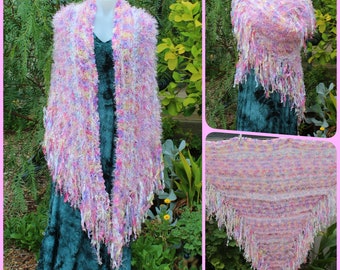 Hand knitted Triangle wrap Shawl, Plus size women pastel multicolor knit bohemian witchy cottagecore gifts