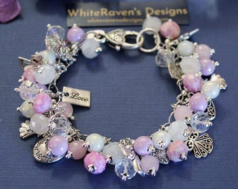 Angels Love Charm Bracelet: Rose Quartz, Silver Heart, Spiritual Jewelry Gift.