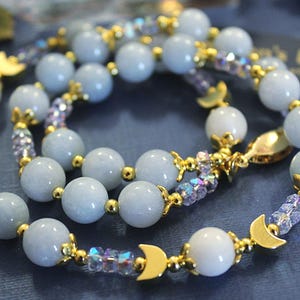 Aphrodite Goddess Necklace: Moonstone and Aquamarine wearable Prayer Beads