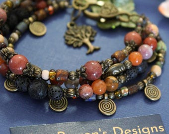 Boho Gemstone Multi-Strand Bracelet: Jasper, Carnelian, Lava Stone