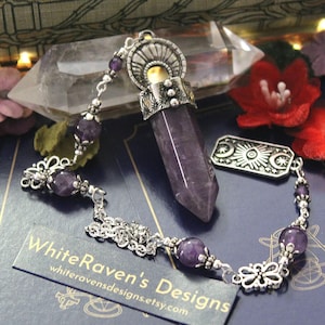 Pendulum divination tools, Amethyst crystal scrying psychic tool for dowsing Altar meditation witchy gifts. Handmade by WhiteRavens Designs