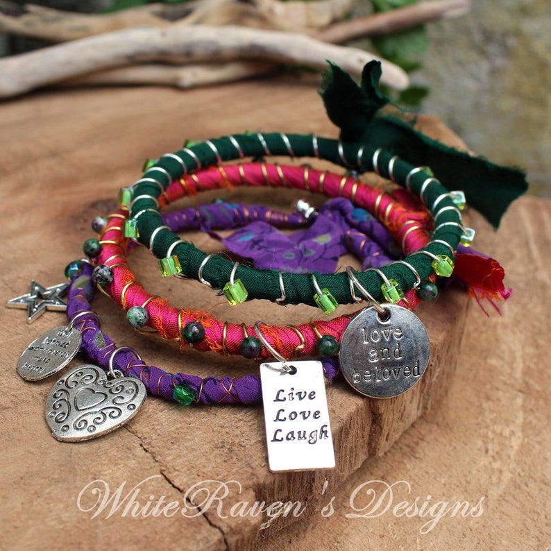 Handmade by White Raven Designs Boho Bangles earth friendly fashion recycled Sari silk wrapped bracelets up-cycled