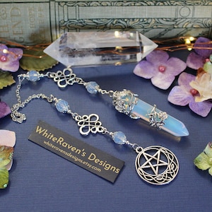 Opalite Dowsing Pendulum: Silver Wild Rose design, Celtic Pentagram, Psychic Divination tool