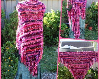 Hand knitted Triangle Shawl Plus Size lagenlook, pink purple fuchsia winter fall layering cozy multicolor chic wrap