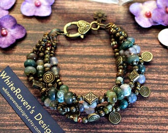 Four Strand Gemstone Bracelet. Indian Agate Crystal, Urban Hippie Wide Beaded Cuff
