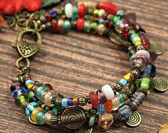 Multi-Strand Bracelet, Rustic Indian Glass Beads, Australian Handmade.