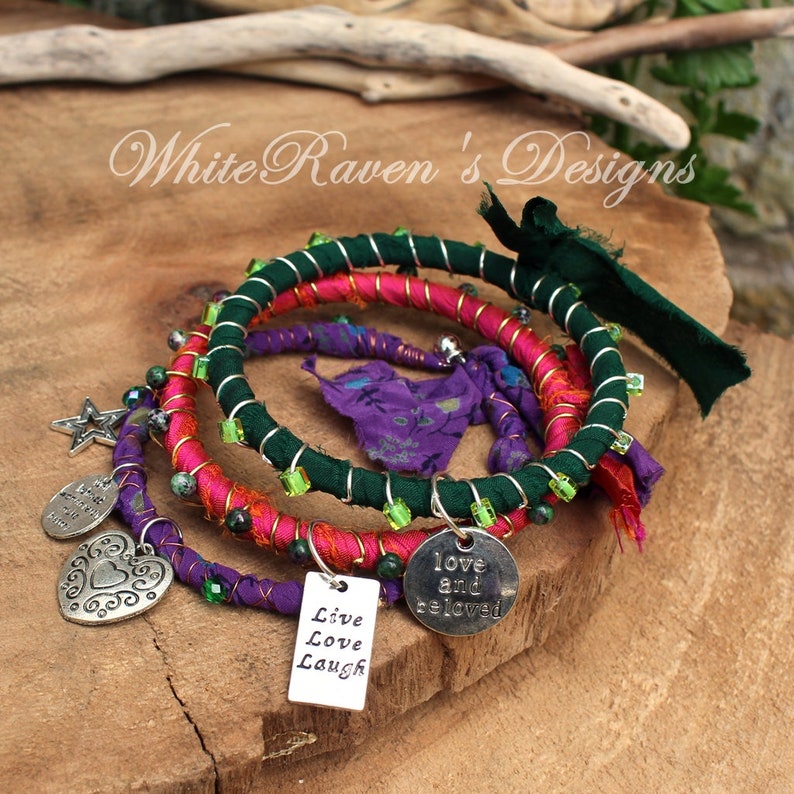 Handmade by White Raven Designs Boho Bangles earth friendly fashion recycled Sari silk wrapped bracelets up-cycled