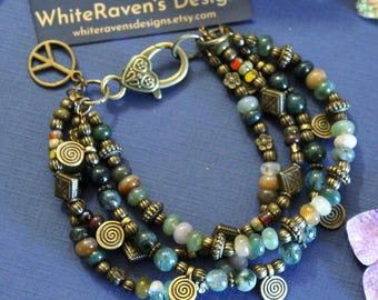 Natural stone bead Bracelet, Earthy Boho style Multi Strand layered Gemstone jewelry, Australian Handmade