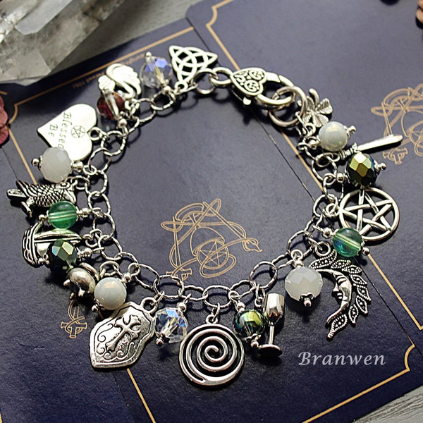 Branwen Goddess charm bracelet, White Raven Welsh Goddess of love Wiccan bracelet, Divine feminine Witchy gift Celtic mythology