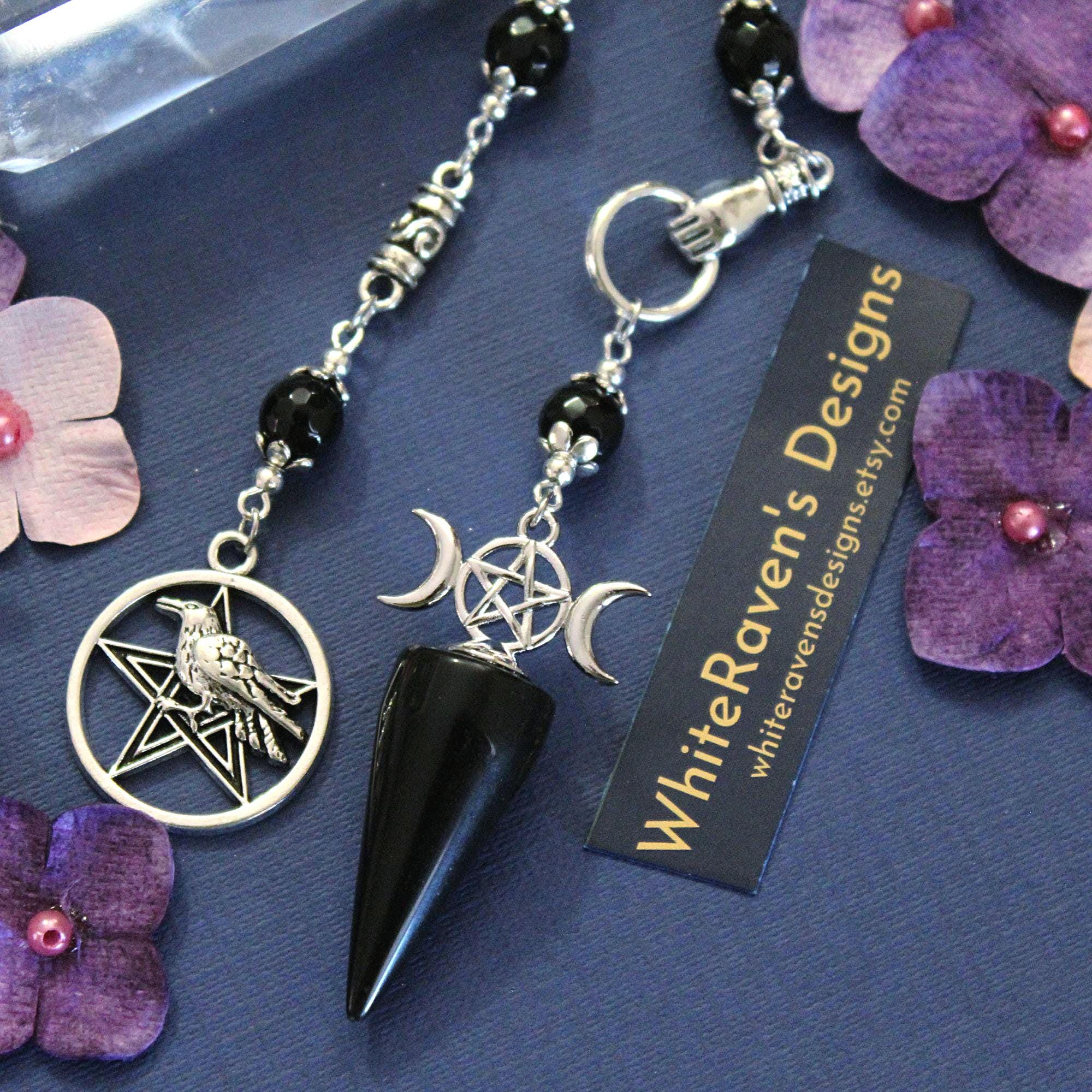 Obsidian Pendulum: Triple Luna Pentagram, Witchcore Divination Tool