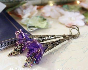 Hand-Painted Lily Flower Earrings: Dark Purple Fairycore Costume Jewelry