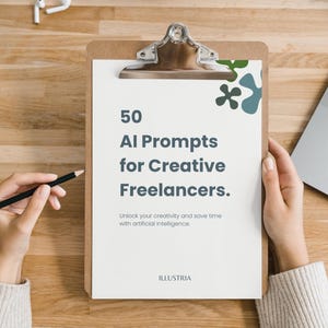Puede incluir: Un portapapeles con una hoja de papel blanca encima. El papel tiene el texto "50 AI Prompts for Creative Freelancers." y "Unlock your creativity and save time with artificial intelligence." El papel también tiene la palabra "ILLUSTRIA" en la parte inferior. El portapapeles está sobre una superficie de madera.