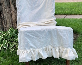 CHAIR COVER French Country NATURAL Cotton Muslin Chair Slip Cover Shabby Frayed Ruffle Farmhouse