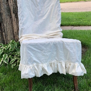 CHAIR COVER French Country NATURAL Cotton Muslin Chair Slip Cover Shabby Frayed Ruffle Farmhouse
