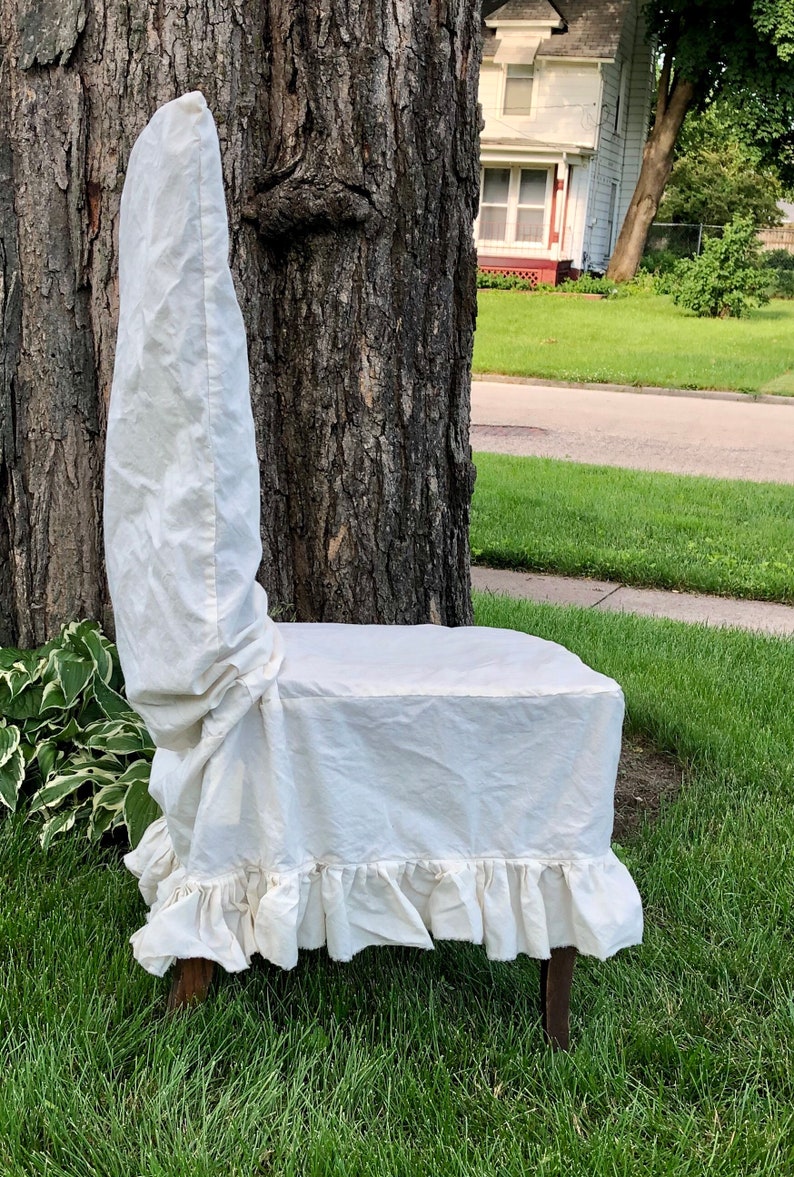 CHAIR COVER French Country NATURAL Cotton Muslin Chair Slip Cover Shabby Frayed Ruffle Farmhouse image 3