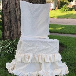 CHAIR COVER French Country NATURAL Cotton Muslin Chair Slip Cover Shabby Frayed Ruffle Farmhouse image 5