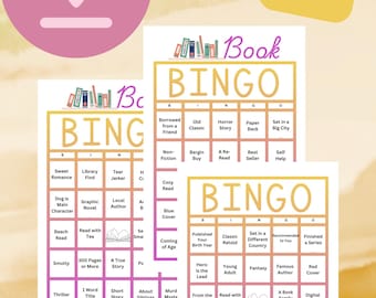 May include: Two printable bingo cards with a book theme. The cards have a yellow and pink gradient background and feature a variety of book-related squares, such as "Borrowed from a Friend", "Old Classic", "Horror Story", "Paper Back", "Set in a Big City", "Non-Fiction", "Bargin Buy", "A Re-Read", "Best Seller", "Self Help", "Sweet Romance", "Library Find", "Tear Jerker", "H", "Cozy Read", "Dog is Main Character", "Graphic Novel", "Local Author", "A", "Blue Cover", "Beach Read", "Read with Tea", "Se", "Smal", "Coming of Age", "300 Pages or More", "Smutty", "A True Story", "Pe", "Thriller", "1 Word Title", "Short Story", "About Siblings", "Murd Myste", "Published Your Birth Year", "Classic Retold", "Set in a Different Country", "Recommended to You", "Finished a Series", "Hero is the Lead", "Young Adult", "Fantasy", "Famous Author", "Red Cover", "From the Library", "Read with Wine", "A Book Family Gave You", "Digital Read", "Became a Movie", "Set in Summer", "Story About Books", "A Holiday Story", "In the Mountains", "About Travel", "Story of Cats", "Story with More Points of View", "Book Club Read", "Set in Fall".