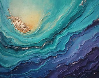 May include: Abstract painting with layered shades of blue, teal, and purple, resembling ocean waves. The top layer features a golden shimmer.