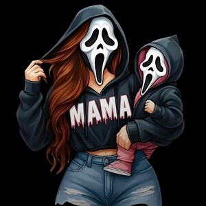 May include: Illustration of a woman and child wearing Scream masks and black hoodies. The woman's hoodie says "MAMA" in white letters with a pink drip effect. The woman is wearing blue jeans. The child is wearing pink shoes.