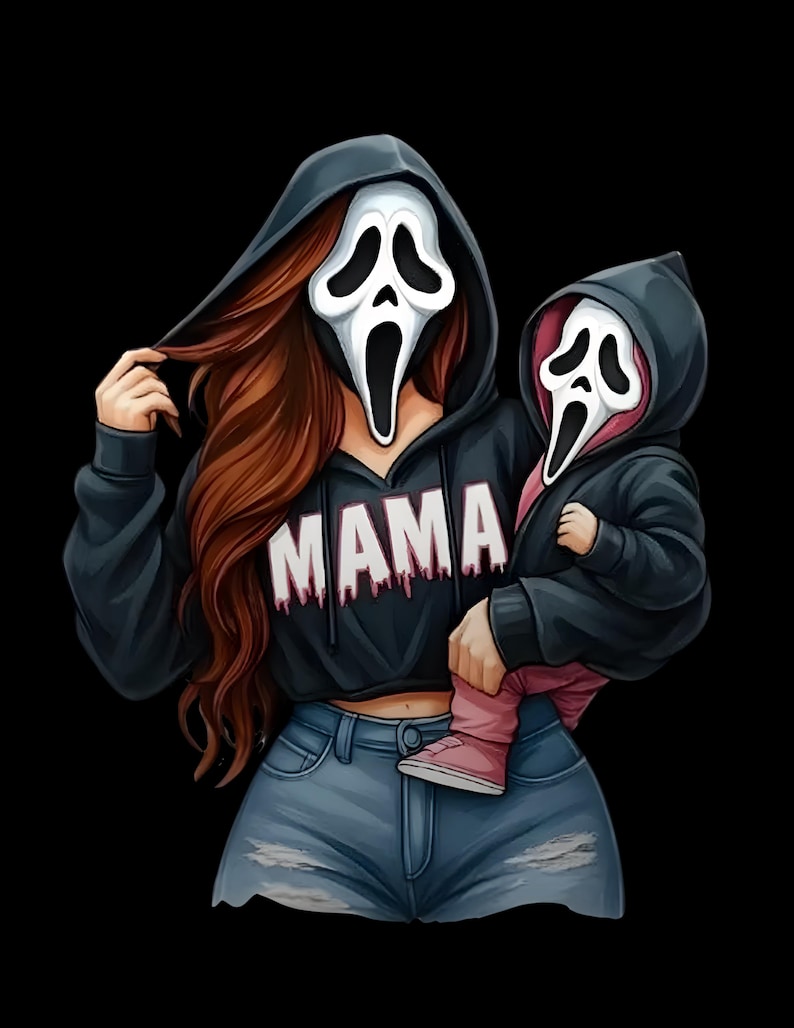 May include: Illustration of a woman and child wearing Scream masks and black hoodies. The woman's hoodie says "MAMA" in white letters with a pink drip effect. The woman is wearing blue jeans. The child is wearing pink shoes.