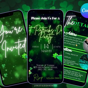 St Patrick's Day Video-Einladung, animierte irische Party einladen, digitale Neongrün Lucky One-Party-Vorlage, St. Patty's Day Telefon-Einladung