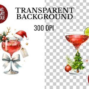 May include: Watercolor illustration of two festive cocktails. One is adorned with a Santa hat, antlers, and a bow. The other has a lime wedge and a Christmas tree. The image includes text: "38 PNG Clipart Bundle", "Transparent Background", and "300 DPI".
