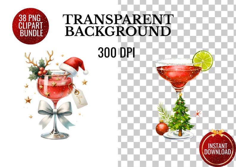 May include: Watercolor illustration of two festive cocktails. One is adorned with a Santa hat, antlers, and a bow. The other has a lime wedge and a Christmas tree. The image includes text: "38 PNG Clipart Bundle", "Transparent Background", and "300 DPI".