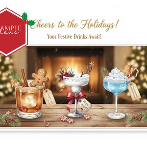 May include: Festive holiday drinks are displayed on a wooden surface. The image includes a cocktail with a gingerbread man, a margarita with reindeer antlers, and a blue cocktail with whipped cream. The text reads "Cheers to the Holidays!" and "Your Festive Drinks Await!"