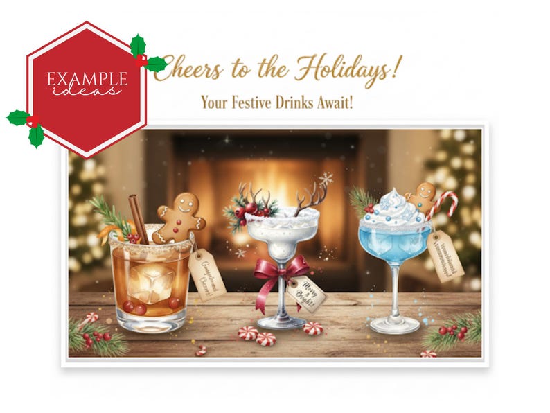 May include: Festive holiday drinks are displayed on a wooden surface. The image includes a cocktail with a gingerbread man, a margarita with reindeer antlers, and a blue cocktail with whipped cream. The text reads "Cheers to the Holidays!" and "Your Festive Drinks Await!"