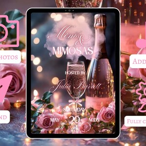 Może przedstawiać: Cyfrowe zaproszenie na ekranie tabletu na wydarzenie "Moms & Mimosas", z butelką szampana, napełnionym kieliszkiem i r&oacute;żowymi r&oacute;żami. Zaproszenie jest organizowane przez Julię Barrett i odbędzie się w sobotę 20 maja.