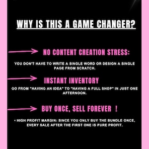 May include: A black and pink graphic with the text "WHY IS THIS A GAME CHANGER?" and bullet points: "NO CONTENT CREATION STRESS", "INSTANT INVENTORY", and "BUY ONCE, SELL FOREVER!". Diamond heart graphics are in the corners.