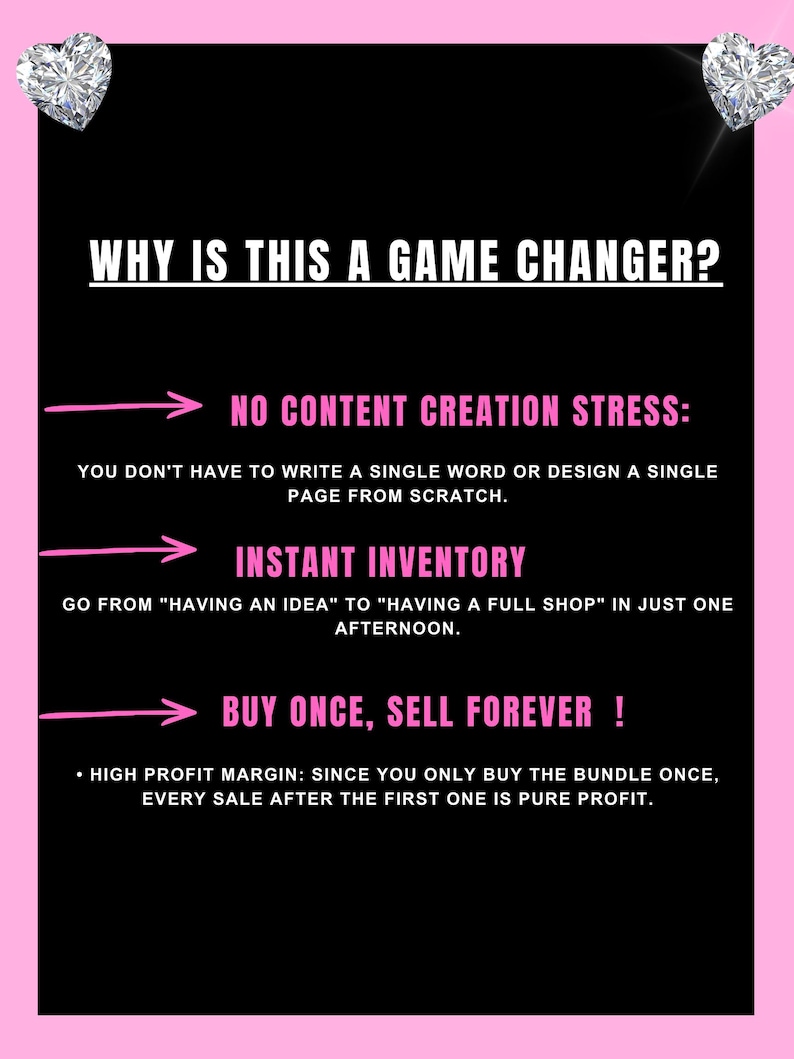 May include: A black and pink graphic with the text "WHY IS THIS A GAME CHANGER?" and bullet points: "NO CONTENT CREATION STRESS", "INSTANT INVENTORY", and "BUY ONCE, SELL FOREVER!". Diamond heart graphics are in the corners.