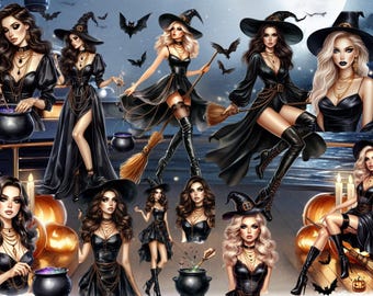 Könnte beinhalten: Digitale Illustration mit mehreren Frauen in schwarzen Hexenkostümen und Hüten. Sie halten Besen und Kessel, mit Fledermäusen im Hintergrund. Das Bild hat ein Halloween- und Fantasy-Thema.