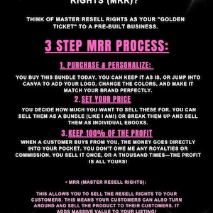 May include: Black graphic with text about Master Resell Rights (MRR), including a 3-step process: Purchase & Personalize, Set Your Price, and Keep 100% of the Profit. The text is in white and pink, with diamond graphics.