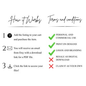 May include: A white graphic with black text detailing the steps to purchase and download a digital item. The text includes "How it Works" and "Terms and conditions" with numbered steps and checkmarks and X marks.
