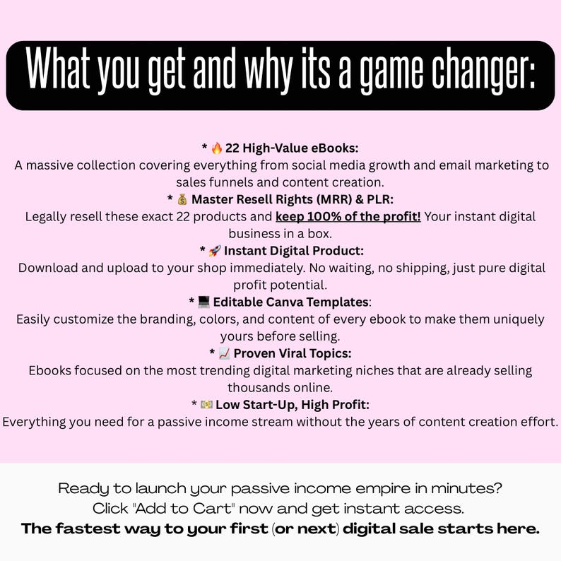 May include: A pink graphic with the text "What you get and why its a game changer:" lists 22 eBooks, Master Resell Rights, instant digital product, editable Canva templates, proven viral topics, and low start-up, high profit. The text encourages the reader to click "Add to Cart".