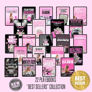 May include: A collection of 22 PLR ebooks displayed on tablets, featuring pink and black covers with titles like "Girl Boss Essentials" and "Digital Products." The image includes the text "Best Sellers Collection" and a "New Product" badge.