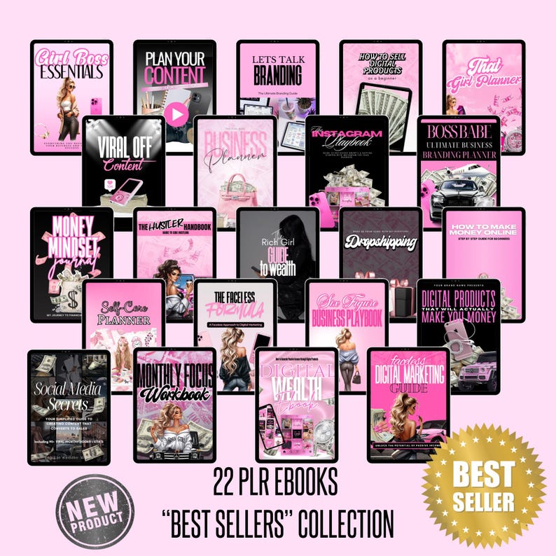 May include: A collection of 22 PLR ebooks displayed on tablets, featuring pink and black covers with titles like "Girl Boss Essentials" and "Digital Products." The image includes the text "Best Sellers Collection" and a "New Product" badge.