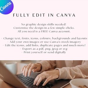 Może przedstawiać: Obraz promocyjny dla Canva z tekstem "FULLY EDIT IN CANVA". Obraz podkreśla łatwość użycia bez umiejętności projektowania graficznego. Pokazuje dłonie piszące na laptopie, z filiżanką i miską w pobliżu.