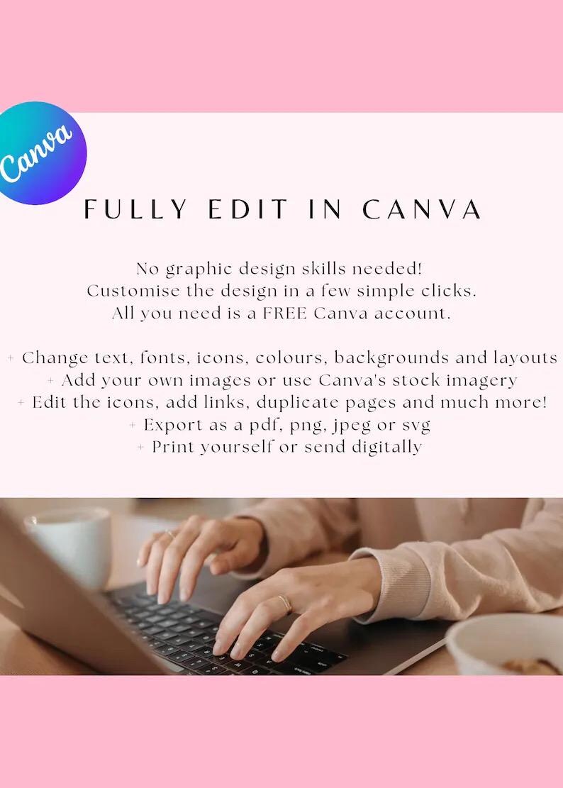 Może przedstawiać: Obraz promocyjny dla Canva z tekstem "FULLY EDIT IN CANVA". Obraz podkreśla łatwość użycia bez umiejętności projektowania graficznego. Pokazuje dłonie piszące na laptopie, z filiżanką i miską w pobliżu.