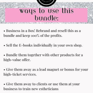 May include: A graphic with the text "ways to use this bundle:" in a pink rectangle. The image includes a black and white logo and bullet points listing ways to use the bundle, such as rebranding and reselling.