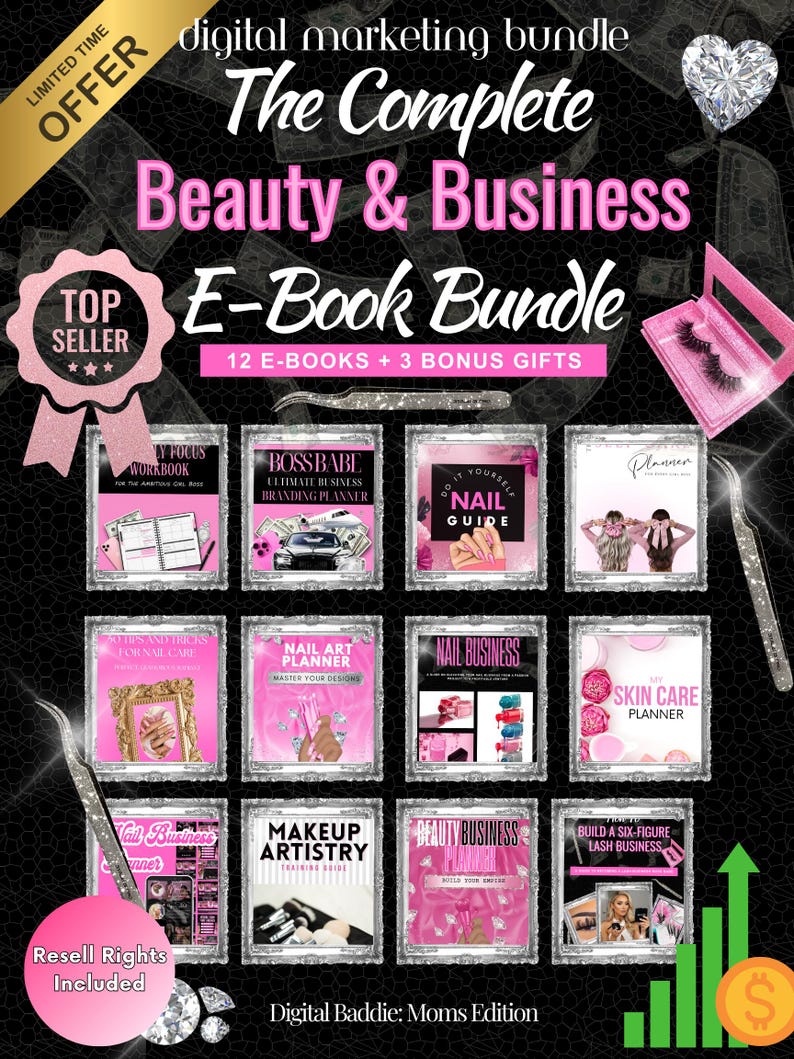 May include: A digital marketing bundle titled "The Complete Beauty & Business E-Book Bundle" with 12 e-books and 3 bonus gifts. The image features a pink and black color scheme, with text and graphics related to beauty, business, and marketing.