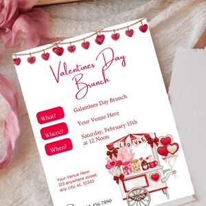 May include: A white invitation card with red hearts and text that reads "Valentines Day Brunch". The card includes details about a Galantines Day Brunch, including the date, time, and location. The card also features a cute illustration of a red and white food cart with a sign that says "Love" and is decorated with hearts and balloons.