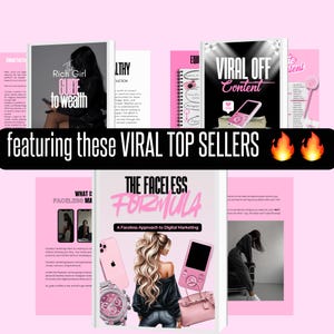 May include: A promotional image featuring several book covers and digital marketing guides. The central book is titled "The Faceless Formula" with a pink and black design. Other books include "Rich Girl Guide to Wealth" and "Viral Off Content".