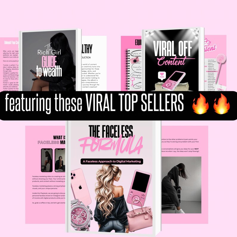 May include: A promotional image featuring several book covers and digital marketing guides. The central book is titled "The Faceless Formula" with a pink and black design. Other books include "Rich Girl Guide to Wealth" and "Viral Off Content".