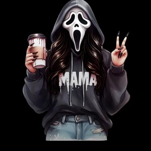 May include: Illustration of a person in a Ghostface mask holding a coffee cup and making a peace sign. The person is wearing a gray hoodie with the word "MAMA" in white and blue jeans. The background is black.