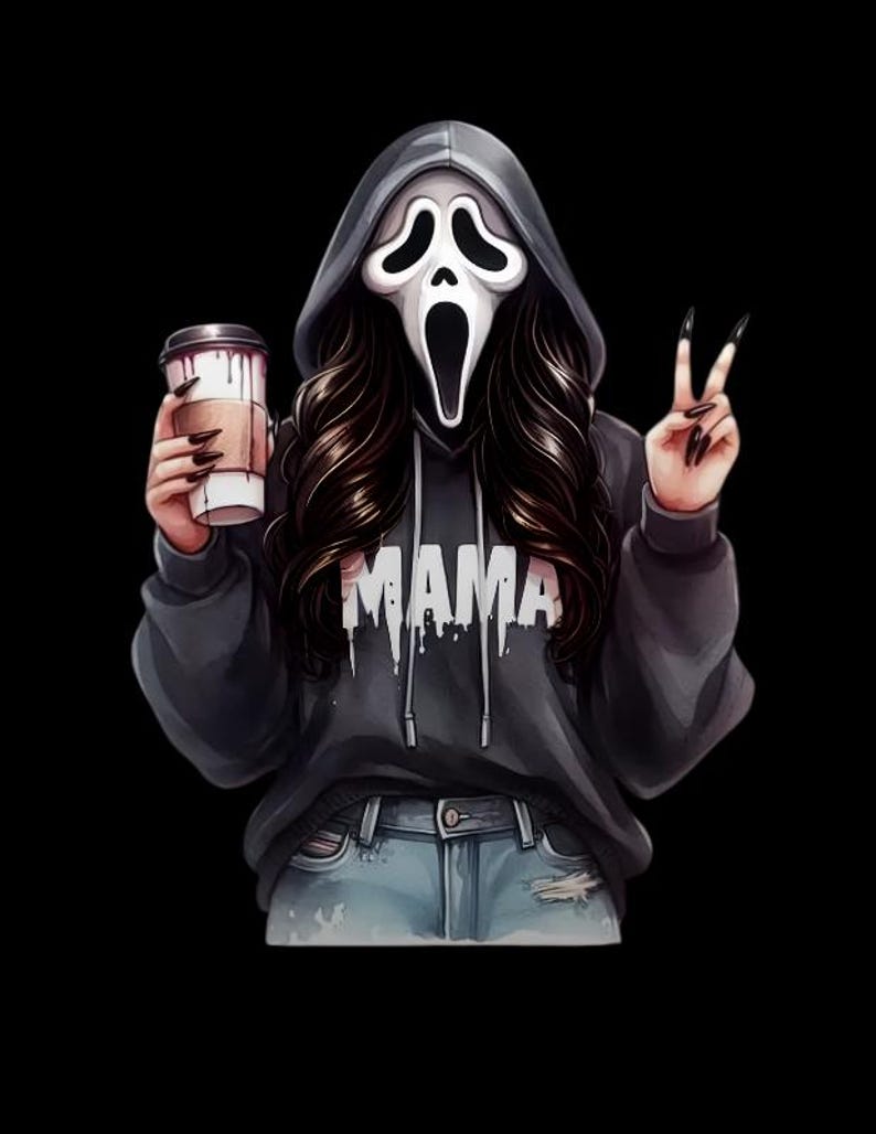 May include: Illustration of a person in a Ghostface mask holding a coffee cup and making a peace sign. The person is wearing a gray hoodie with the word "MAMA" in white and blue jeans. The background is black.