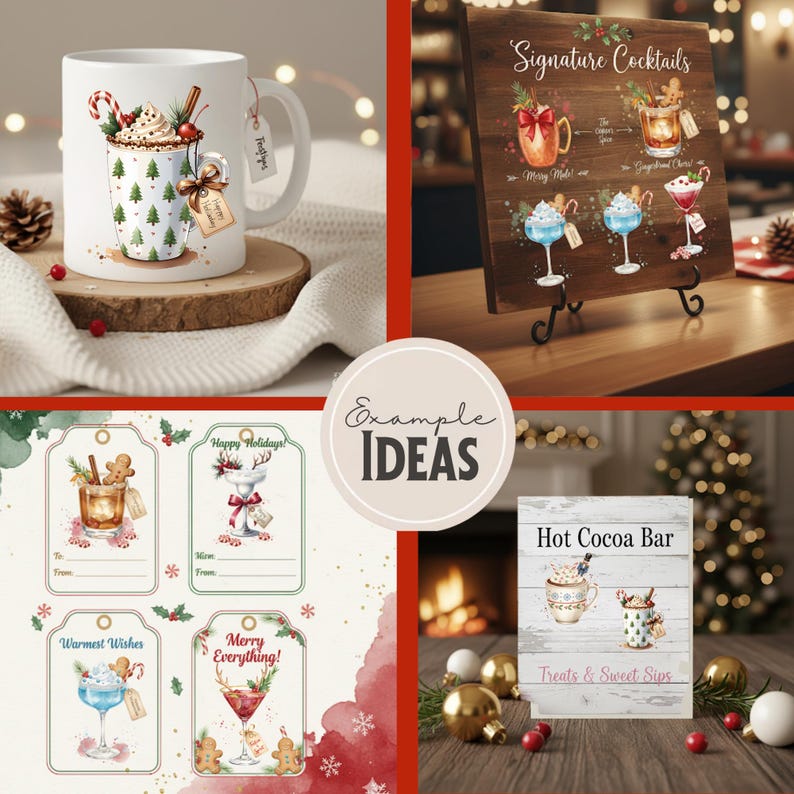 May include: A collection of holiday-themed items, including a white mug with a hot cocoa design, a wooden sign with cocktail illustrations, and gift tags. The mug features a whipped cream topping and candy cane. The sign reads "Signature Cocktails".